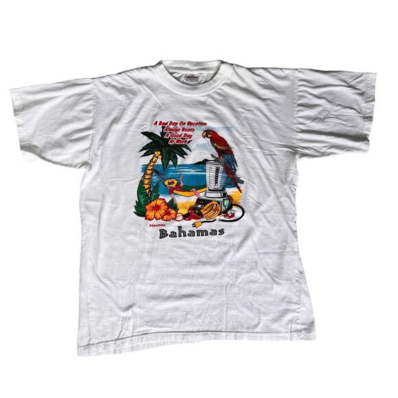White Bahamas Graphic T Shirt Men XL Parrot Tropical Beach Vacation Colorful Tee - Picture 1 of 9